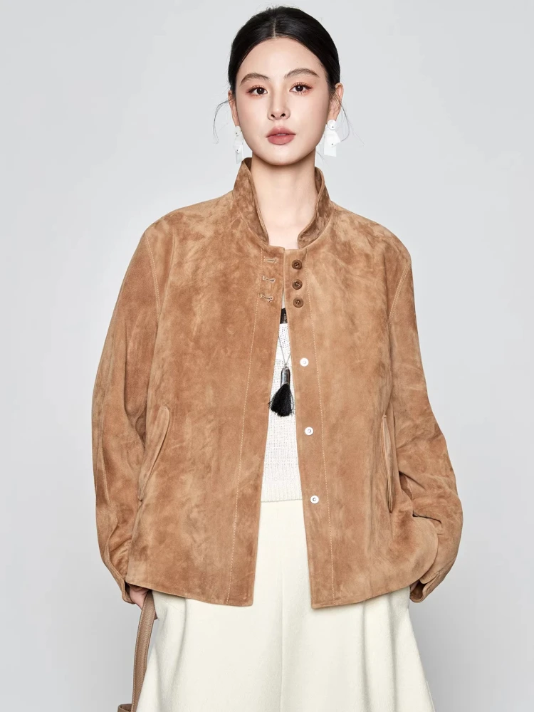 

Vintage Short Genuine Leather Jackets Women Spring Autumn 2026 New High-end Simple Stand Collar Slim Real Sheepskin Suede Coat