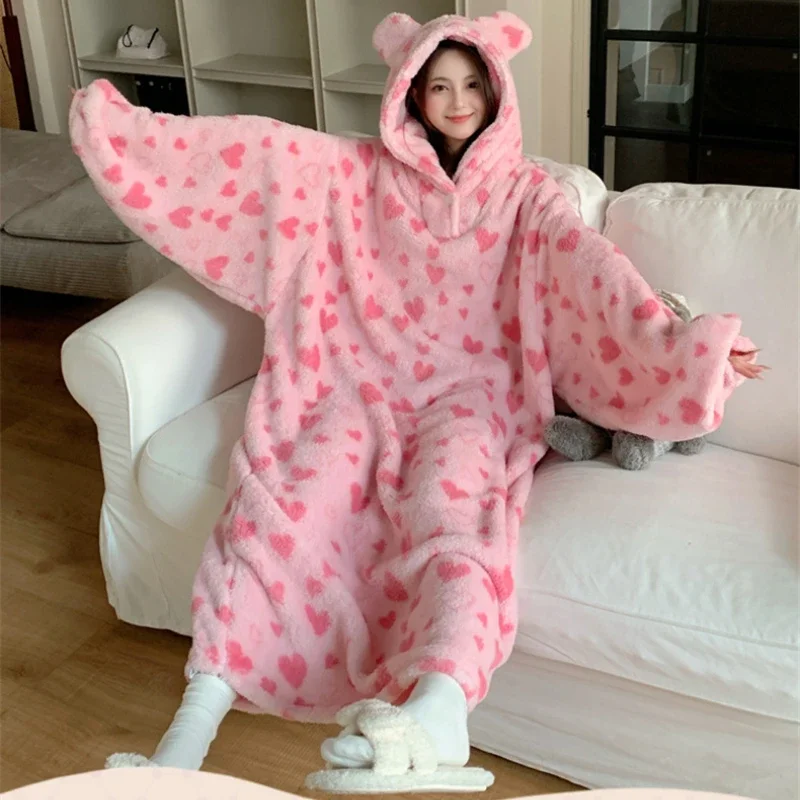 Plus Size Women Winter Thicken Night Dress Sweet Soft Coral Fleece Long Sleeve Hooded Nightgown Loose Sleepwear Home Clothes