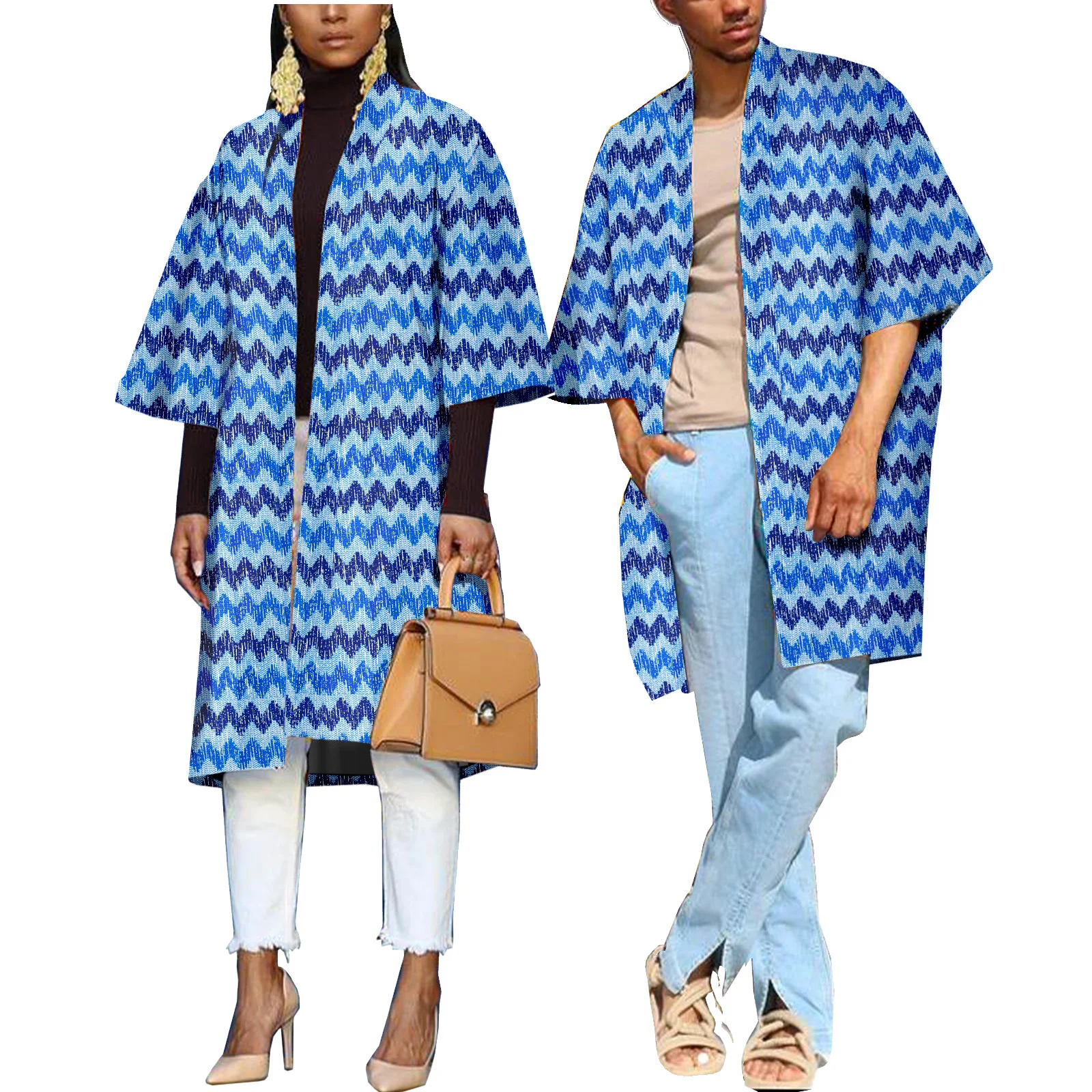 African Couple Outfits Cape Print Open Front Blouse Dashiki Men and Women Casual Jacket Coat Outwear