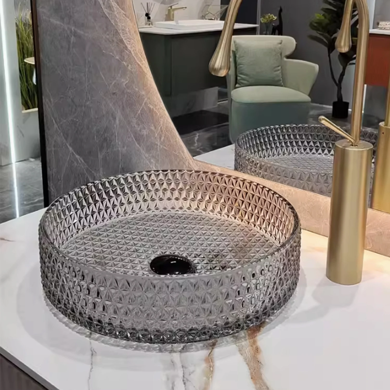 

Circular Glass Vessel Bathroom Basin - Transparent Grey