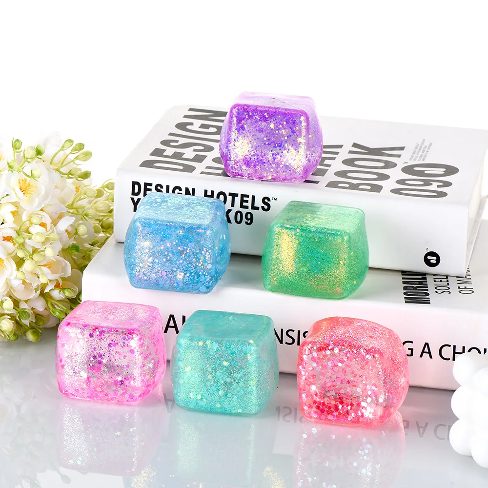 Cute Square Ice Cube Glitter Maltose Squeeze Toy ADHD Toy Eco-Friendly Slow Rising Stress Ball Desktop Electronic