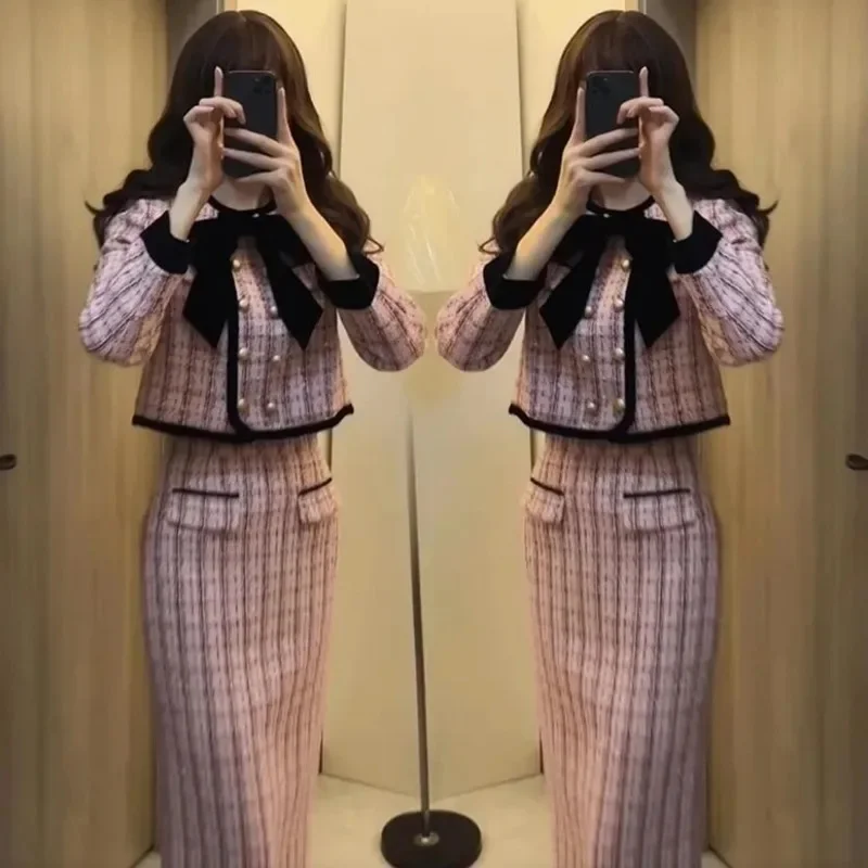 French Bow Lattice Set Skirt Spring Autumn Fashion Elegant Small Fragrance Pink Top Half Skirt 2 Piece Set Loose Long Skirt Tops