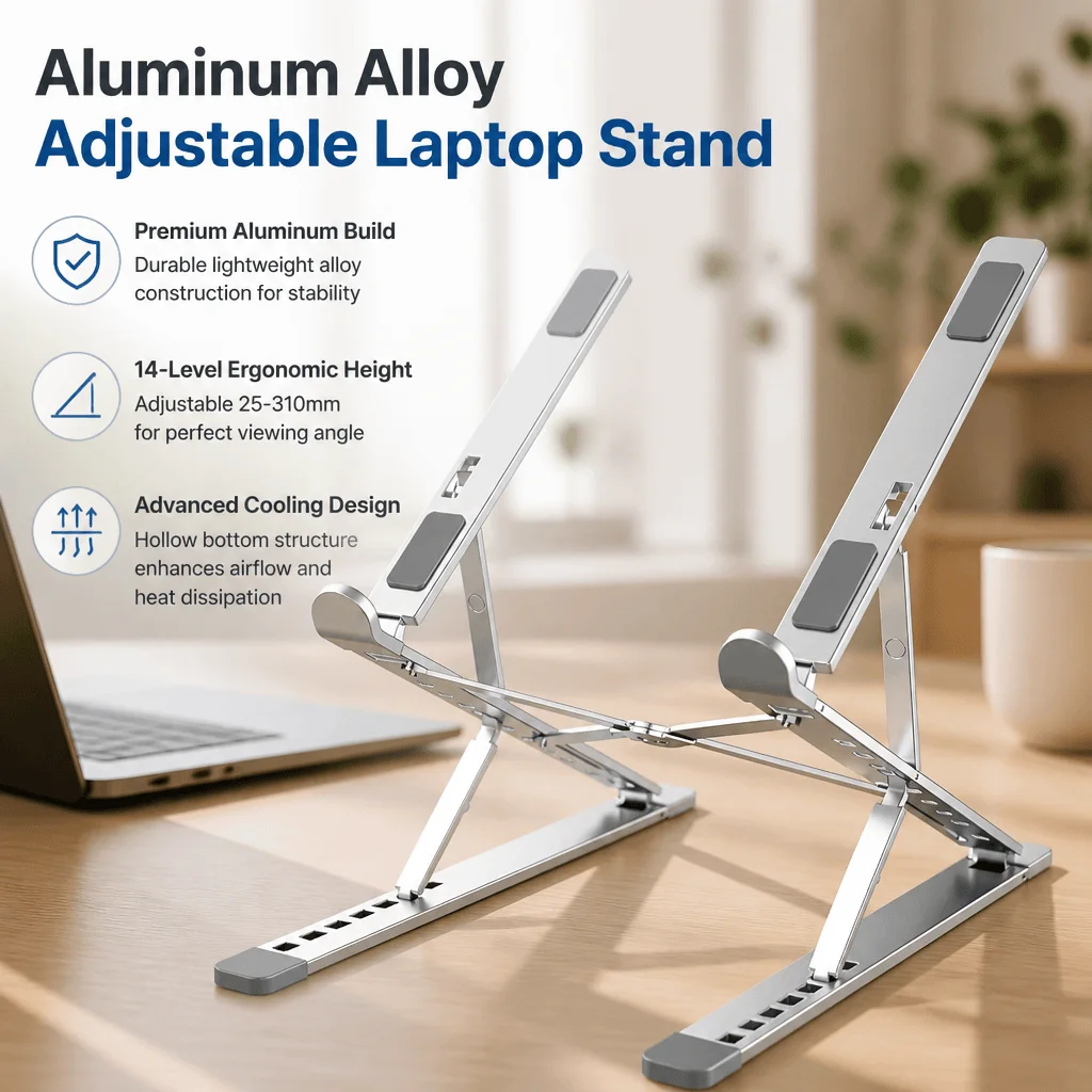 Laptop Stand Aluminum Adjustable Ergonomic Portable Foldable Notebook Riser Cooling Holder With 14 Level Height Office Desk