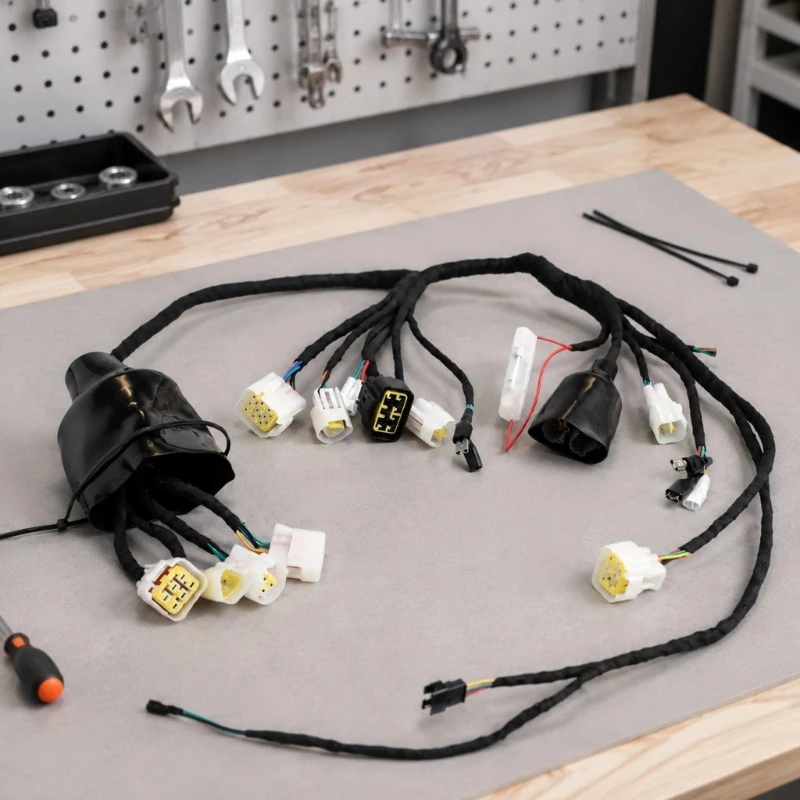M76E Kompletter Elektro-Motorrad-Kabelbaum mit Kupferleitern, Gummi-Außenmantel und angeschlossenen Anschlüssen für LBX – Detail 1