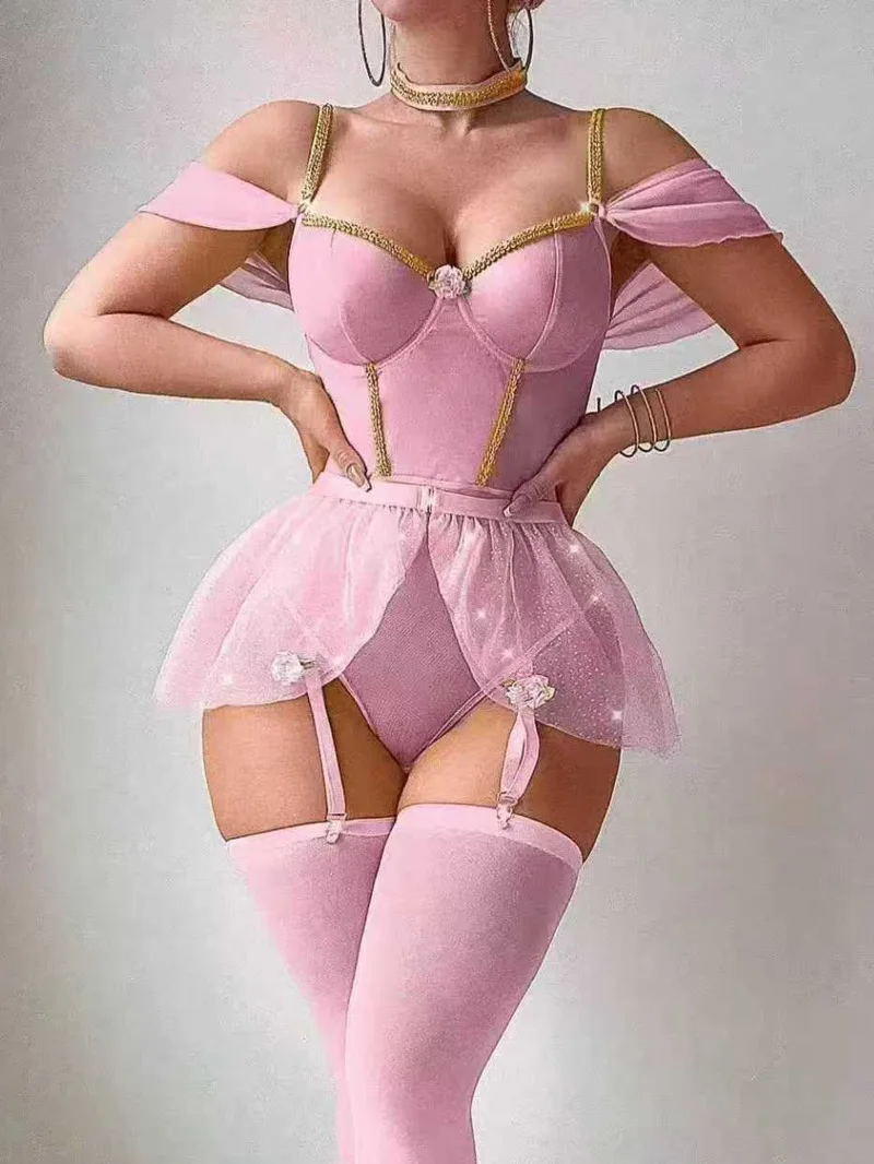 

Sexy Glossy One-Piece Bodysuits With Puff​​Petticoat And Fishnet Stockings Sexy Solid Color Transparent Mesh Thin Bodysuits YIUQ