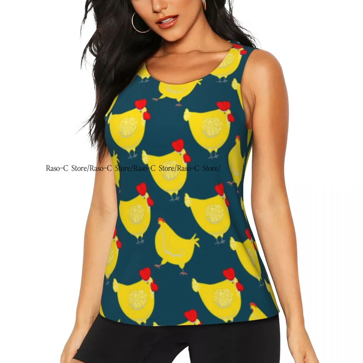 Camisetas sin mangas de entrenamiento para mujer, camisetas atléticas sin mangas de secado rápido, camisetas de Yoga para gimnasio con ilustración de gallo y personaje de dibujos animados de gallina