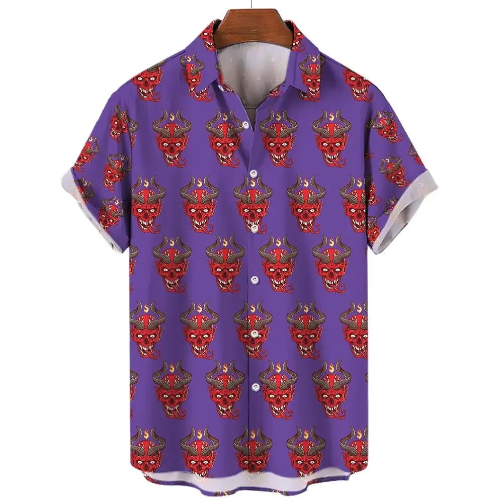 Devil Pattern Men\'s Shirt Oversized Shirt Loose Cause and Effect Double Patchwork Red Imp Party Festive Camisas Original Men\'s S