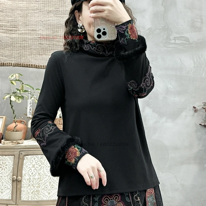 2024 national flower embroidery fleece lined base shirt stand collar folk shirt chinese vintage hanfu tops thicken folk shirt