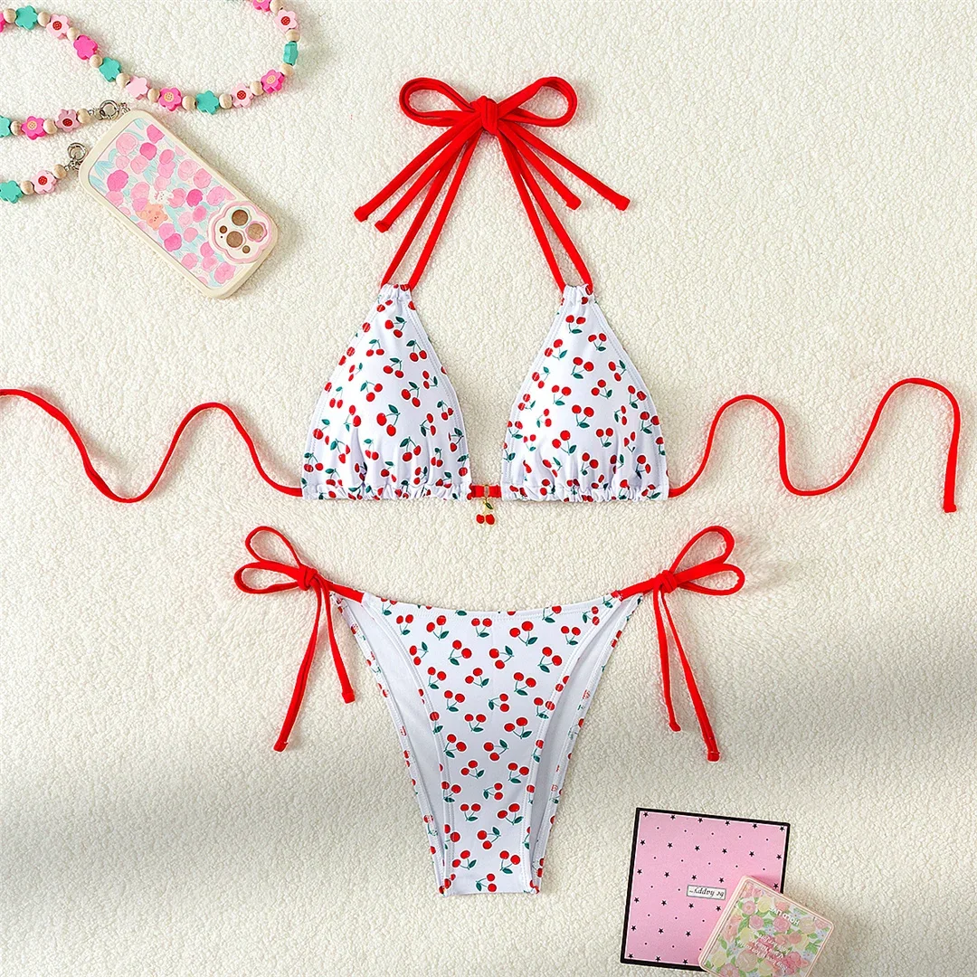 Cherry Gedrukt Halter Hoge Been Cut Bikini Vrouwen Badmode Vrouwelijke Badpak Tweedelige Bikini set Bader Badpak Zwemmen V5872
