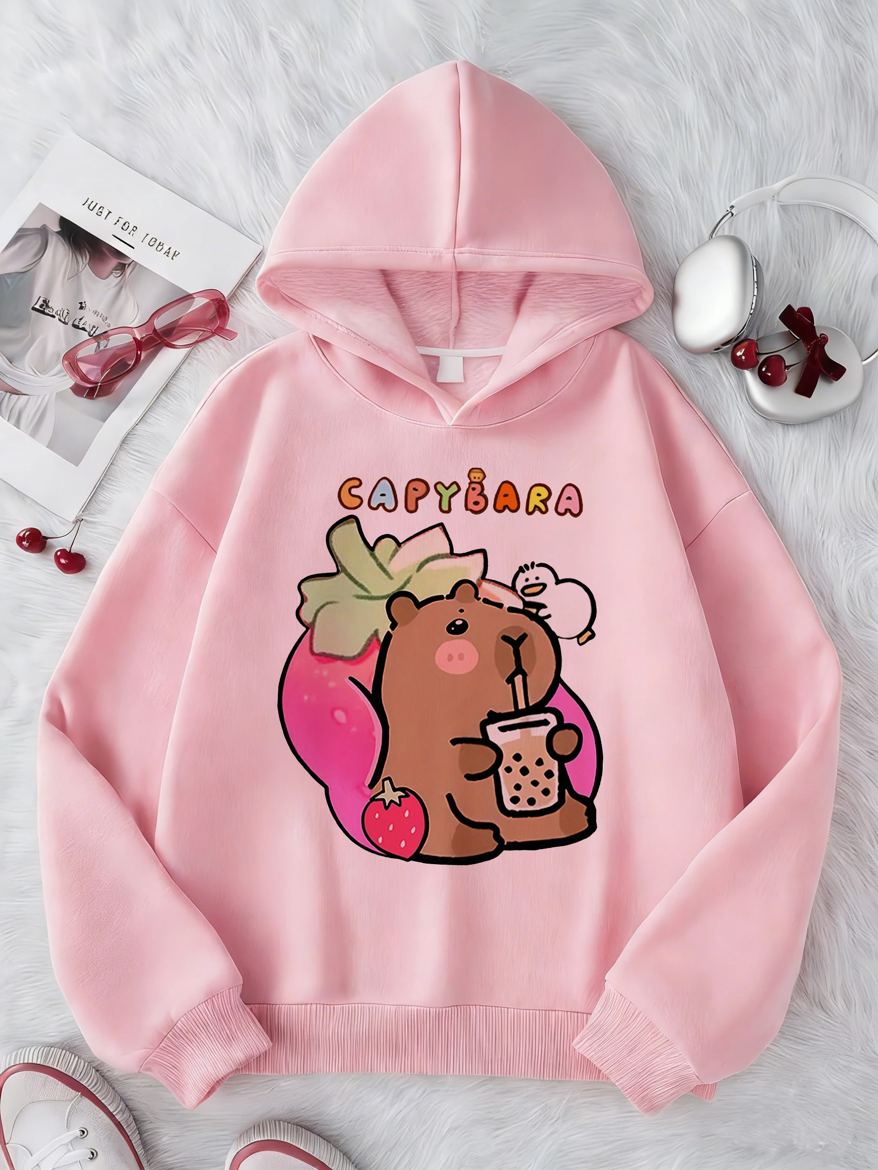 

Girls' Cute Capybara Drinking Milk Tea Graphic Hoodie Cozy Spring Sweatshirt with Capybara & Tea Cup Print Comfortable Clothing
