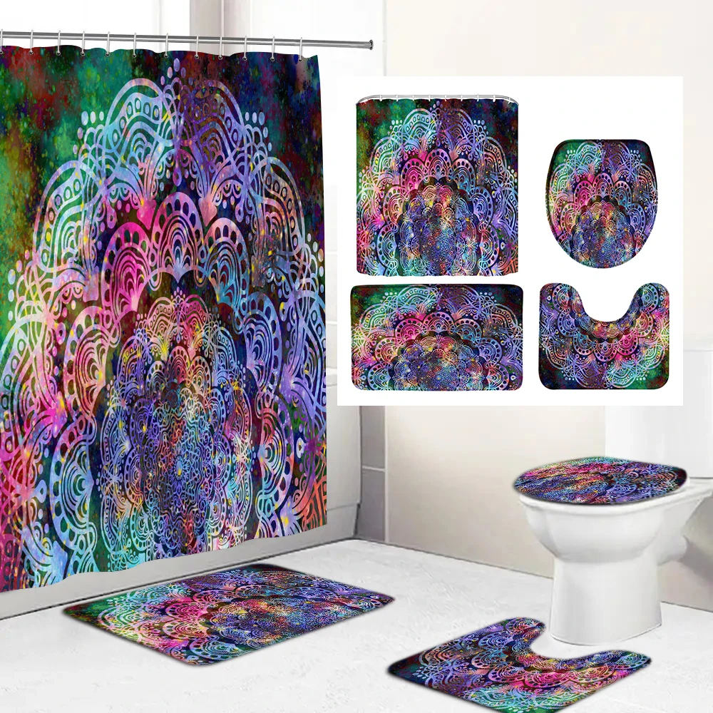 Bohemian Mandala style Bath Mat and Shower Curtain Set with Hooks Bath Rugs Anti Skid Bathroom Carpet Toilet Foot Pad Bath Mat