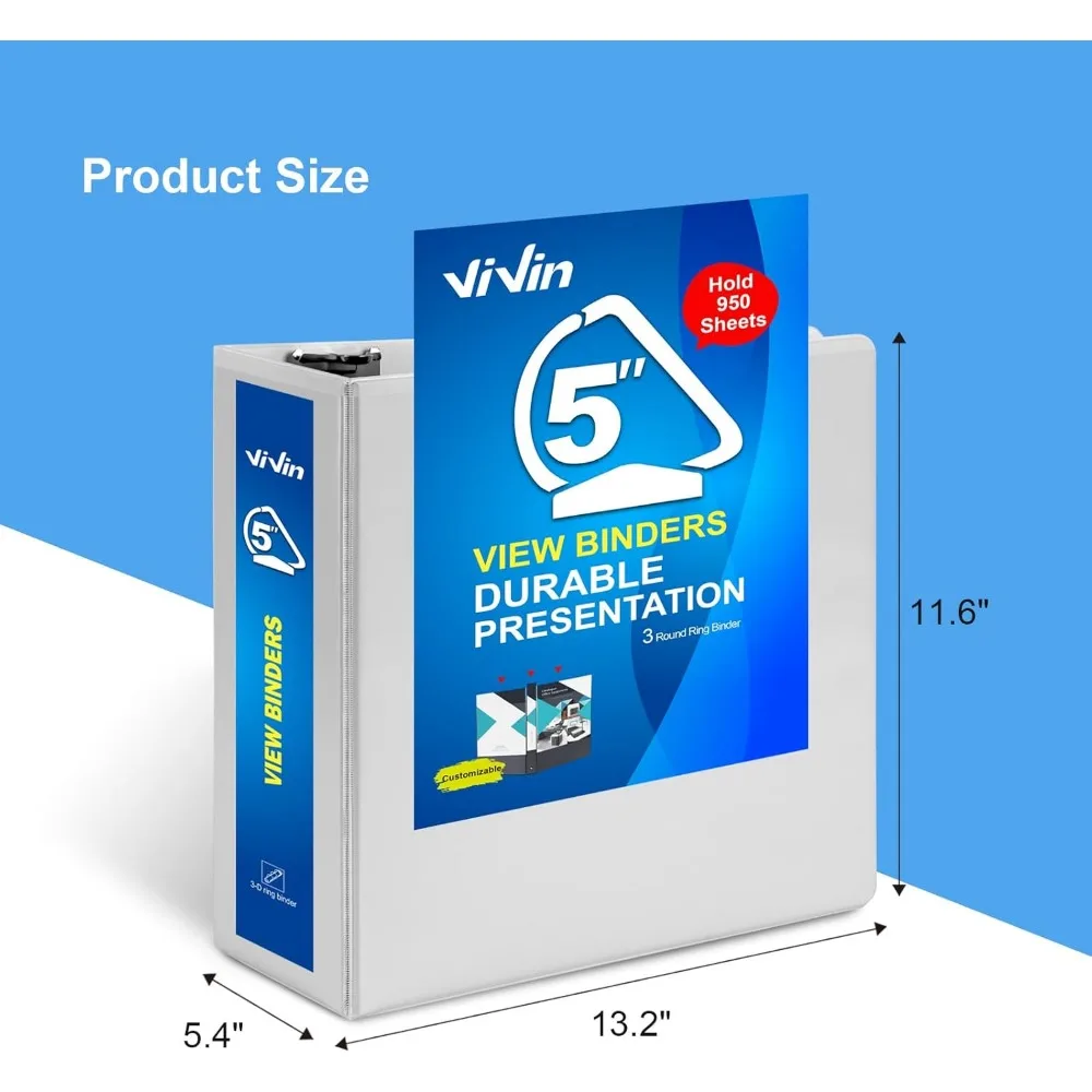 Durable 5 Inch D-Ring Binder, Large Capacity 950-Sheets, Fits 8.5 x 11 Paper, 6-Pack White, Slant-D Ring for Long-Lasting Use