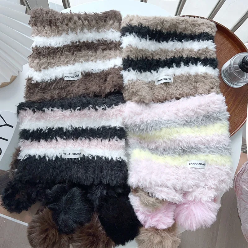 New Cat Ear Stripe Wool Hat Women Double Wool Ball Autumn Winter Warm Long Tie Ear Protection Windproof Knitted Beanies Cap Cute