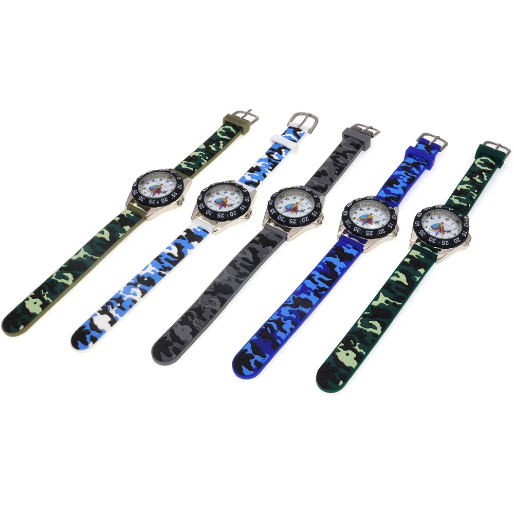 5Pcs Cartoon Quartz Watches for Boys and Girls Camouflage Silicone Strap Digital Wristwatch Children's Gift Students