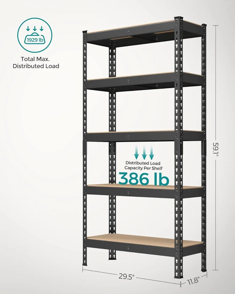 SONGMICS 5-Tier Storage Shelves, Set of 2 Garage Storage, Boltless Assembly, 11.8 x 29.5 x 59.1 Inches, Load 1929 lb Each