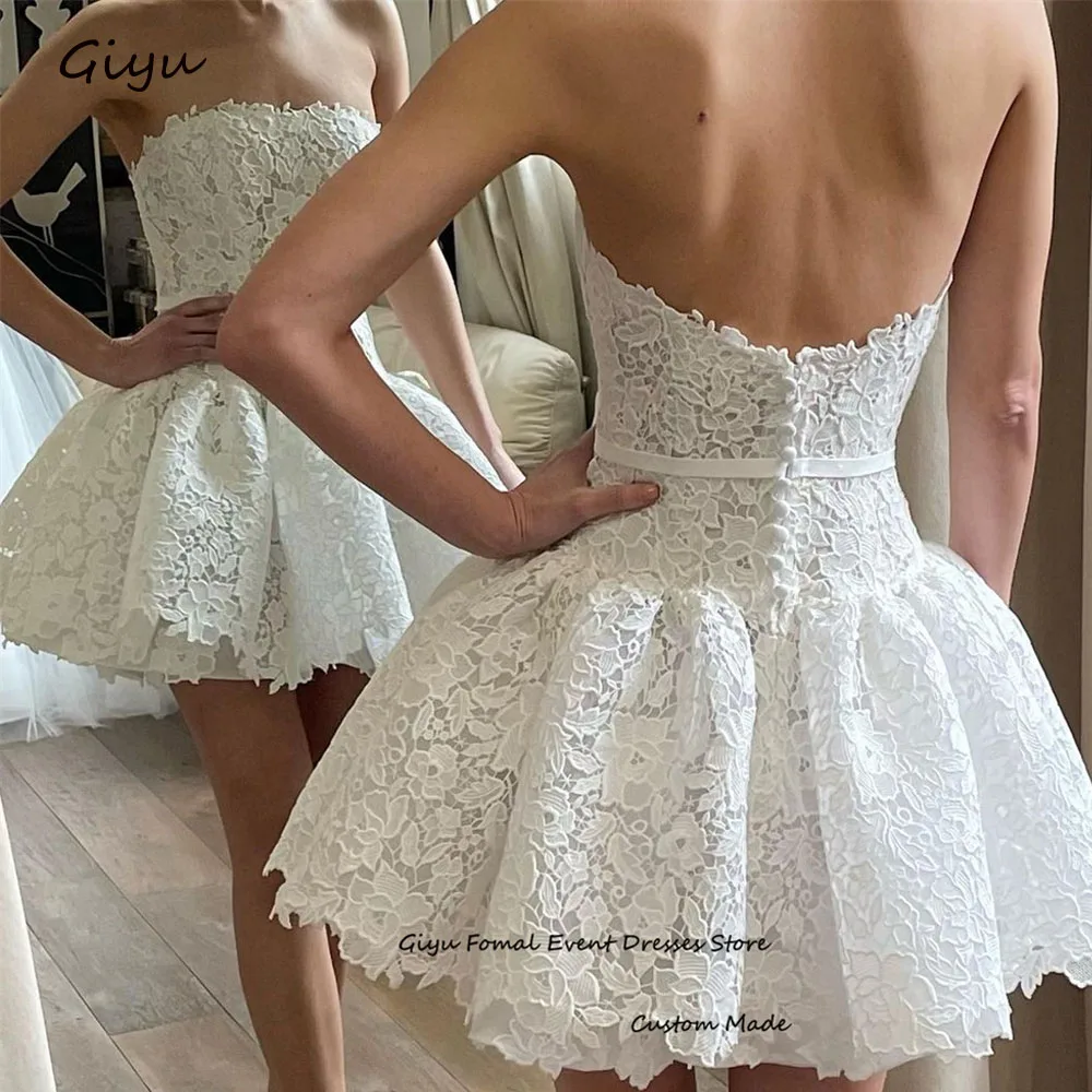 Giyu Modern Style Full Lace Followers Mini Wedding Dress 2024 A-line Strapless Short-length Above The Knee Birthday Party Dress