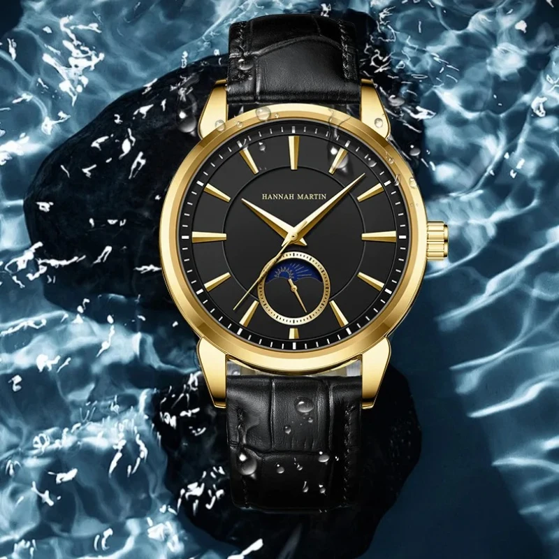 

Hannah Martin 1631 Business Man Watches Fashion Moon Phase Leather Strap Waterproof Quartz Watches for Man Relojes Para Hombres