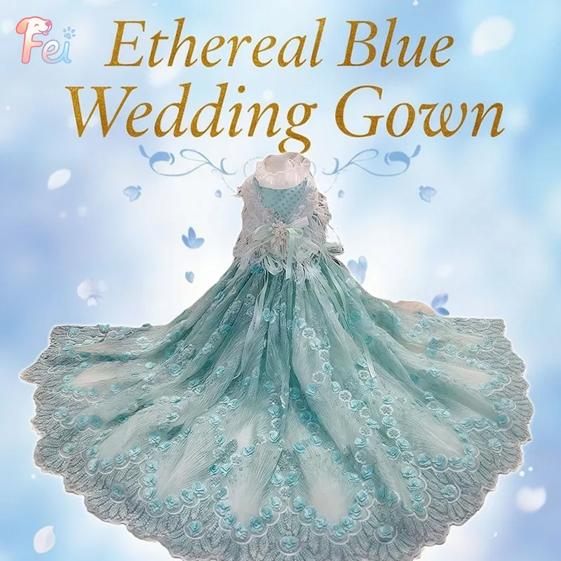 

Luxury Mint Green Wedding Gown with Handmade Beaded Embroidery & Long Train, Elegant Bridal Dress for Small Dogs - Bichon, Teddy