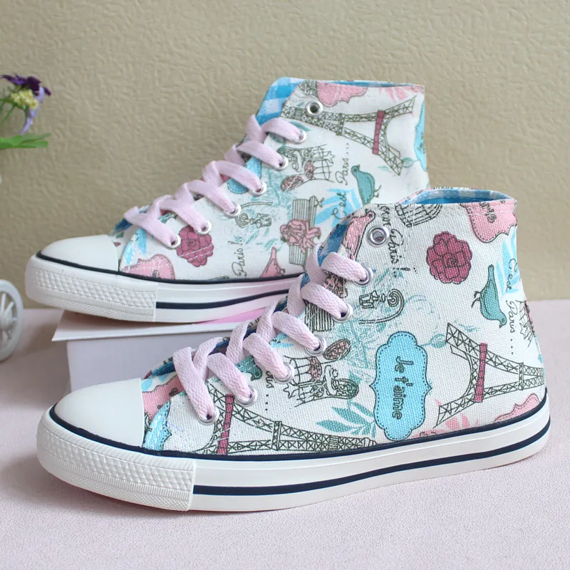 

Новые высокие парусиновые туфли с рисунком ручной росписи, женские туфли для доски, простые модные повседневные студенческие туфли для колледжа