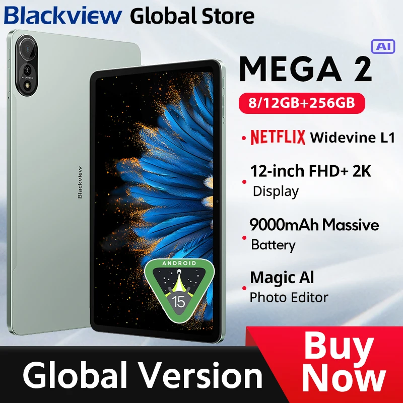 Blackview mega 2 tablets 12 polegadas 2k display widevine l1 android 15 24gb (8 + 16), 256gb 9000mah bateria ai câmera principal almofada pc