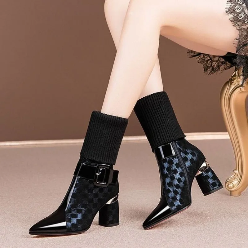 Ladies Shoes 2023 New Style Thick Heel Stretch Fabric Women\'s Boots Winter New Pointed Toe Zipper Fashion High Heel Boots Female