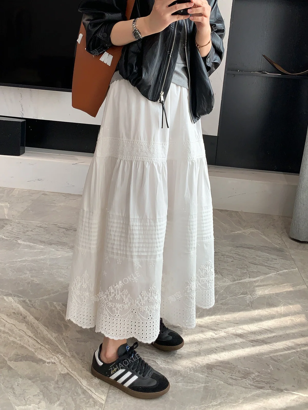 

Zhaokelove Heavy Embroidery Hollow Lace White Pure Cotton Midi Half Skirt Spring High Waist A-Line Umbrella Skirt