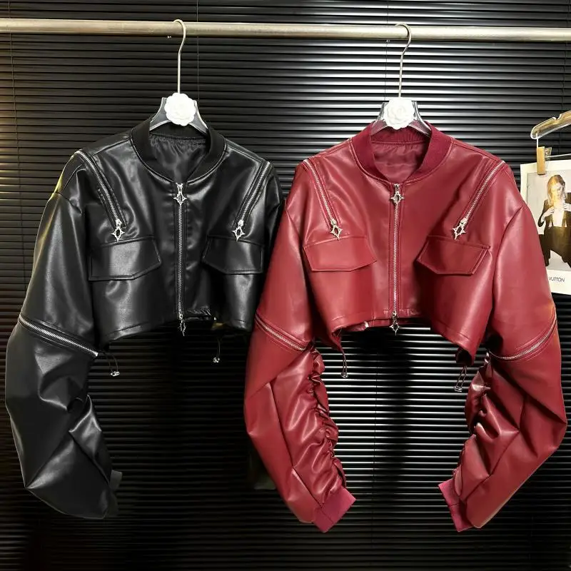 

Y2k Aesthetic Pleated Grunge Solid s Loose Pu Leather Womens Streetwear Harajuku Zipper Female Punk Crop Coat