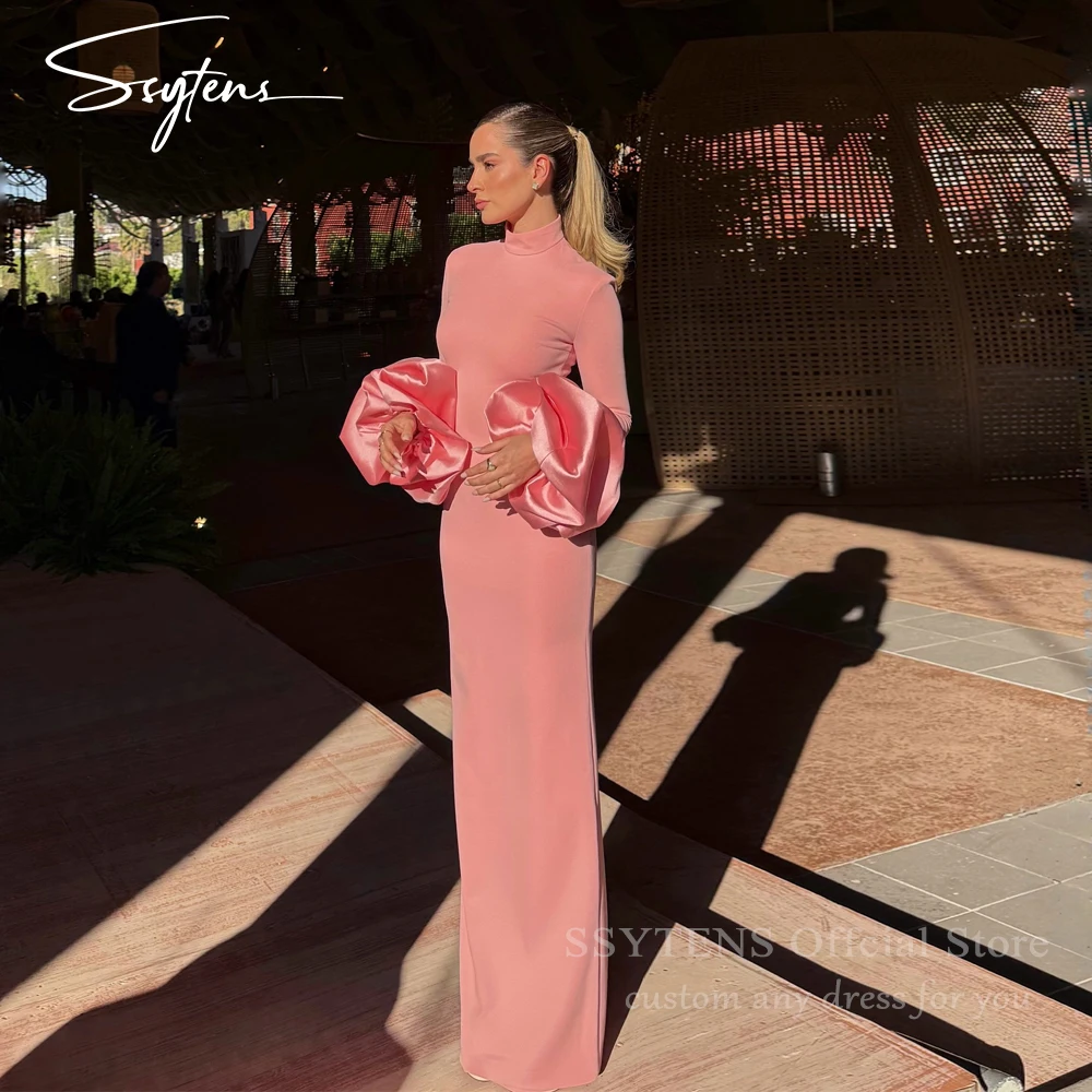 

SSYTENS Modest Pink Crepe Long Evening Dresses High Collar Full Sleeves Saudi Prom Dresses Formal Dubai Prom Gowns Customized