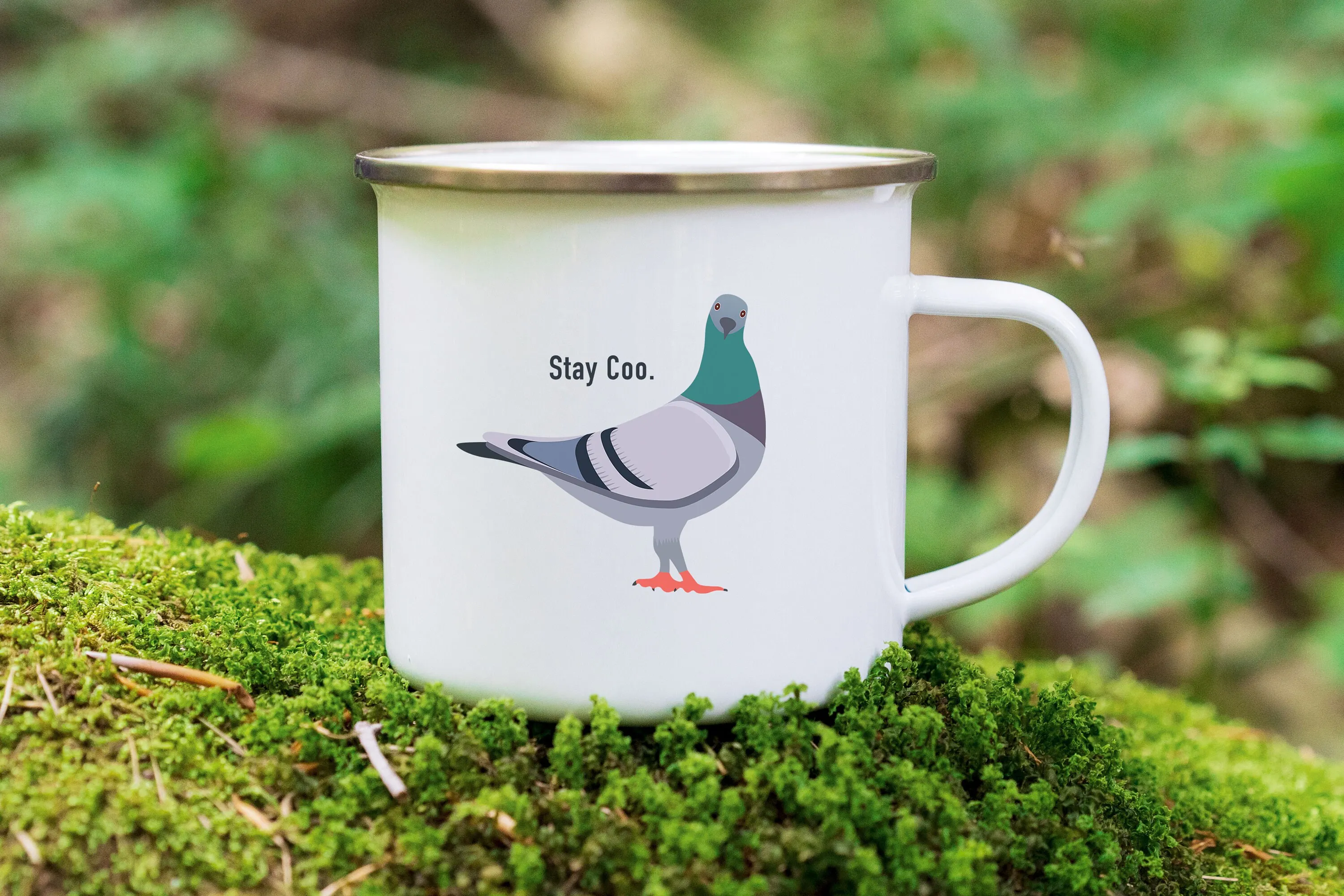 Birdwatcher Mug, Stay Coo Gift Mug for Birdwatcher or Bird Lover, Pigeon with Pun Saying, Enamel Coffee Cup