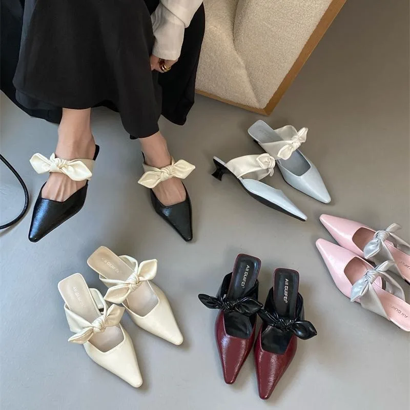 

Female Butterfly-Knot 4CM Heels Slippers Shoes For Women Mules Fashion Pointed Toe Ladies Heels Slippers Slides Sandals Shoes