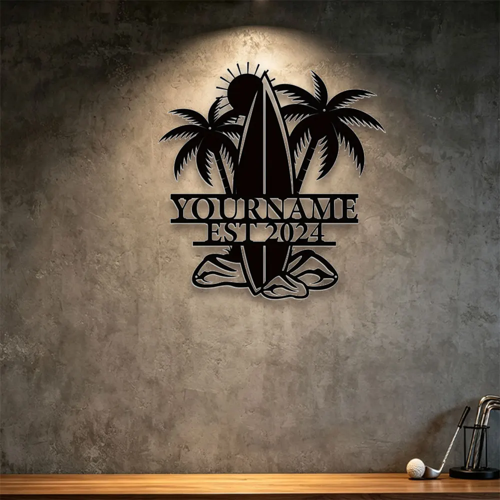 Customized Universal Surfboard Name Metal Plaque Black Metal Wall Art Decor Outdoor Home Wall Decorations Personalized Engraving view 6