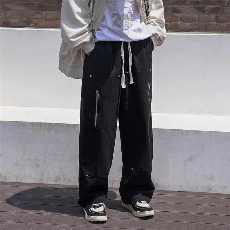 High Street Casual Zipper Vintage Men's Cargo Pants Classic Waist Drawstring Straight Cylinder Loose Male All-match Trousers