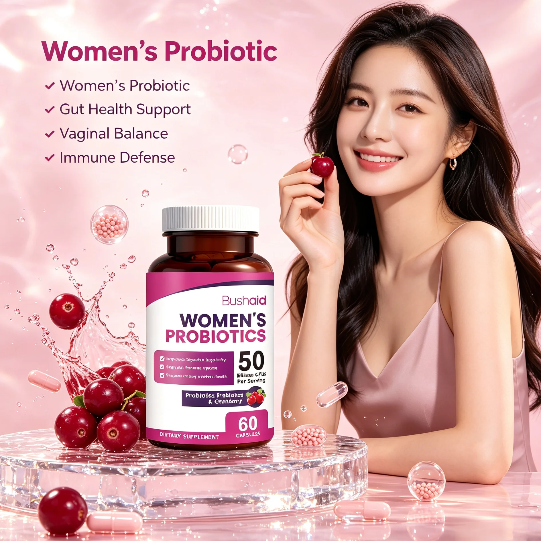 Women Probiotic Cranberry Capsules, Maintain Vaginal Flora & Gut Digestive Health, Strengthen Immunity, Feminine Oral Supplement