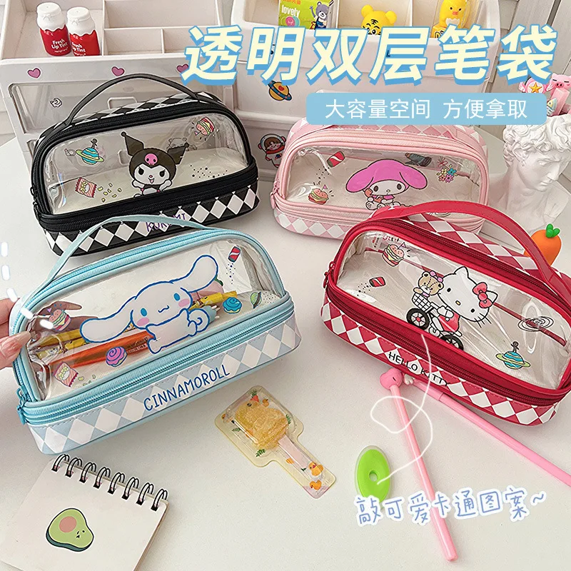 

Sanrio Student Stationery Hello Kitty Pencil Case Large Capacity Double-Deck Pen Case Kuromi Cinnamoroll Pencils Bag Supplies