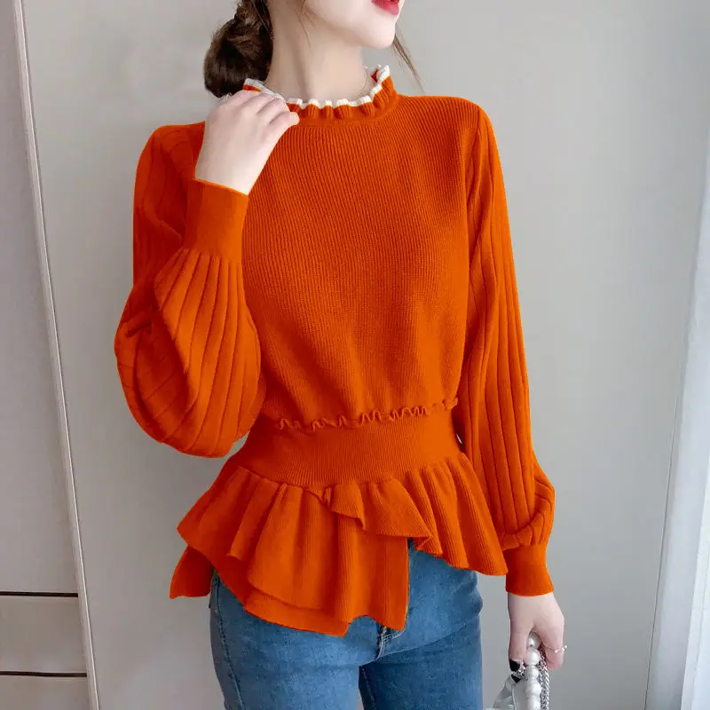 Fashion Ruffles Spliced Knitted Folds Asymmetrical Sweaters Women\'s Clothing 2022 Autumn New Loose Casual Pullovers Korean Tops