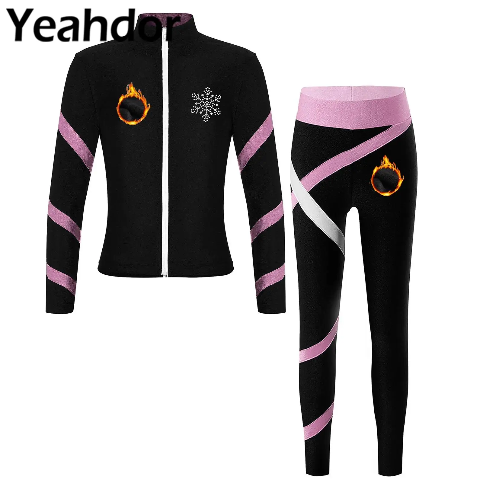 Kids Girls Sports Tracksuit Long Sleeve Jacket with Leggings Suit for Figure Skating Ballet Gymnastics Workout Yoga Dancewear