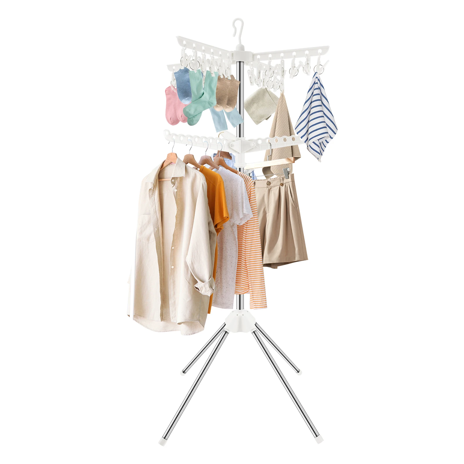 

2 Tier Clothes Drying Rack 56inch Collapsible Laundry Drying Stand with 3 Rotatable Arms 24 Clips Portable Garment Rack