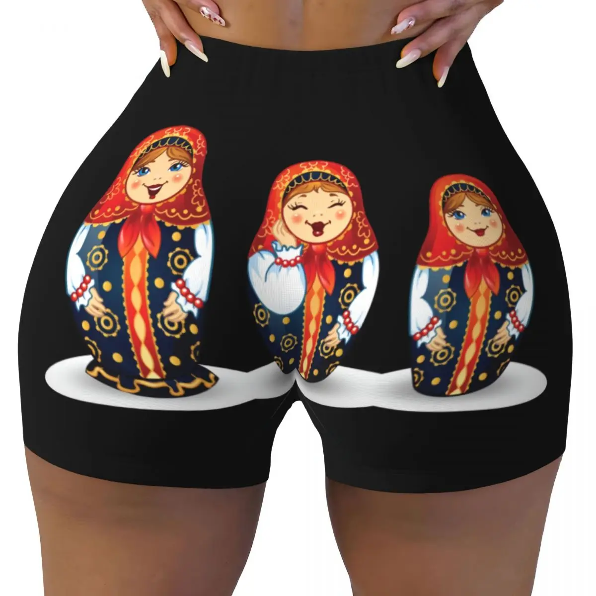 Custom Russian Traditional Art Matryoshka Doll Workout Biker Running Shorts Women's Nesting Doll Gym Yoga Shorts