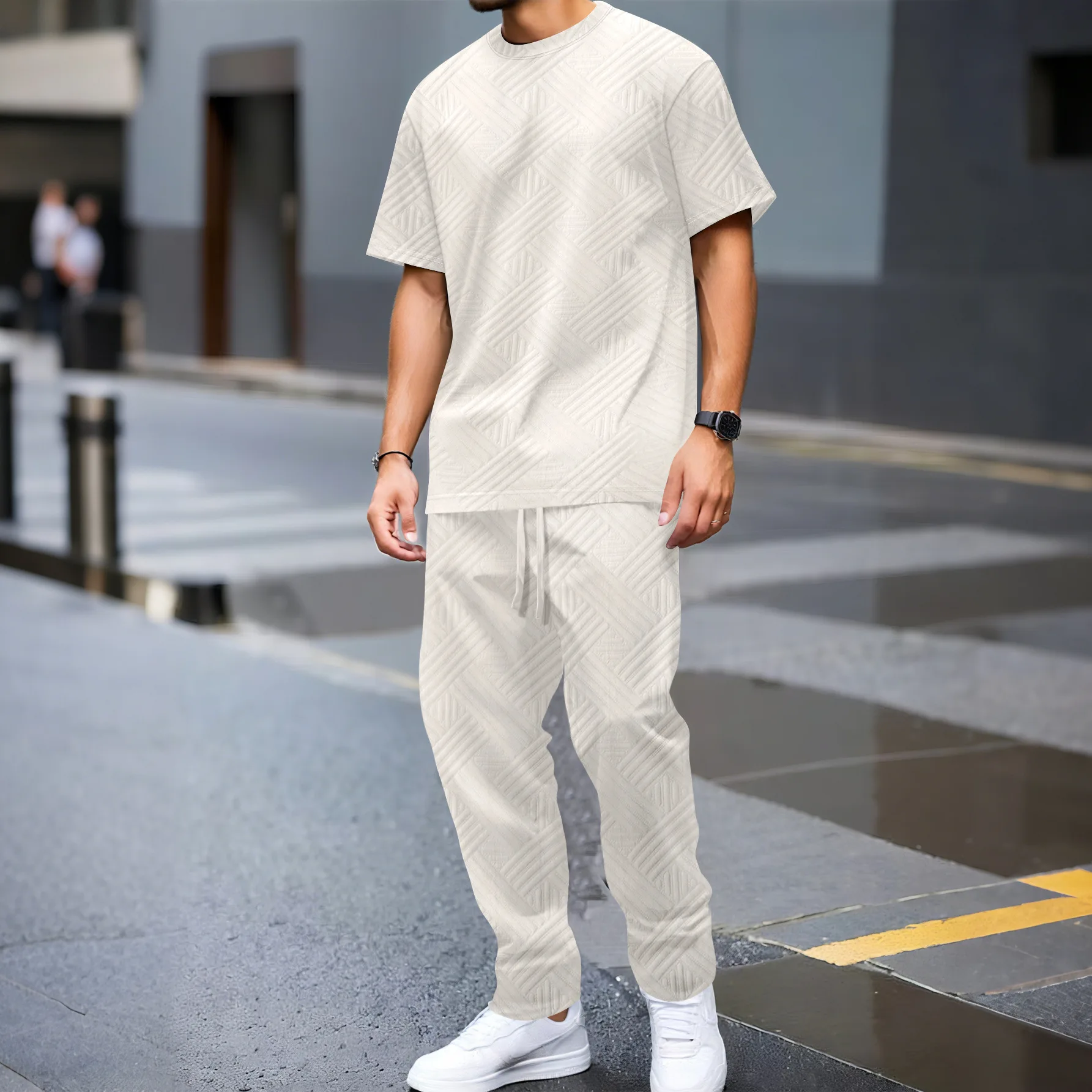 

Summer men's fashion solid-color jacquard round-neck short-sleeved T-shirt and long pants, a two-piece daily outdoor casual set