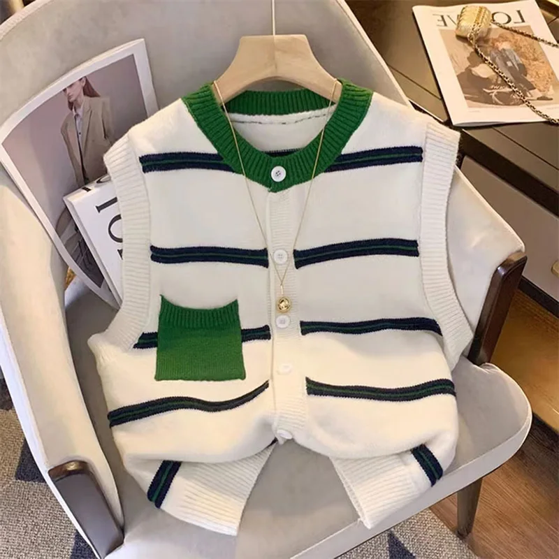 Striped Round Neck Knitted Sweater Cardigan Women\'s Loose Colored Sleeveless Vest Top Single Breasted Fashion Pocket Jacket