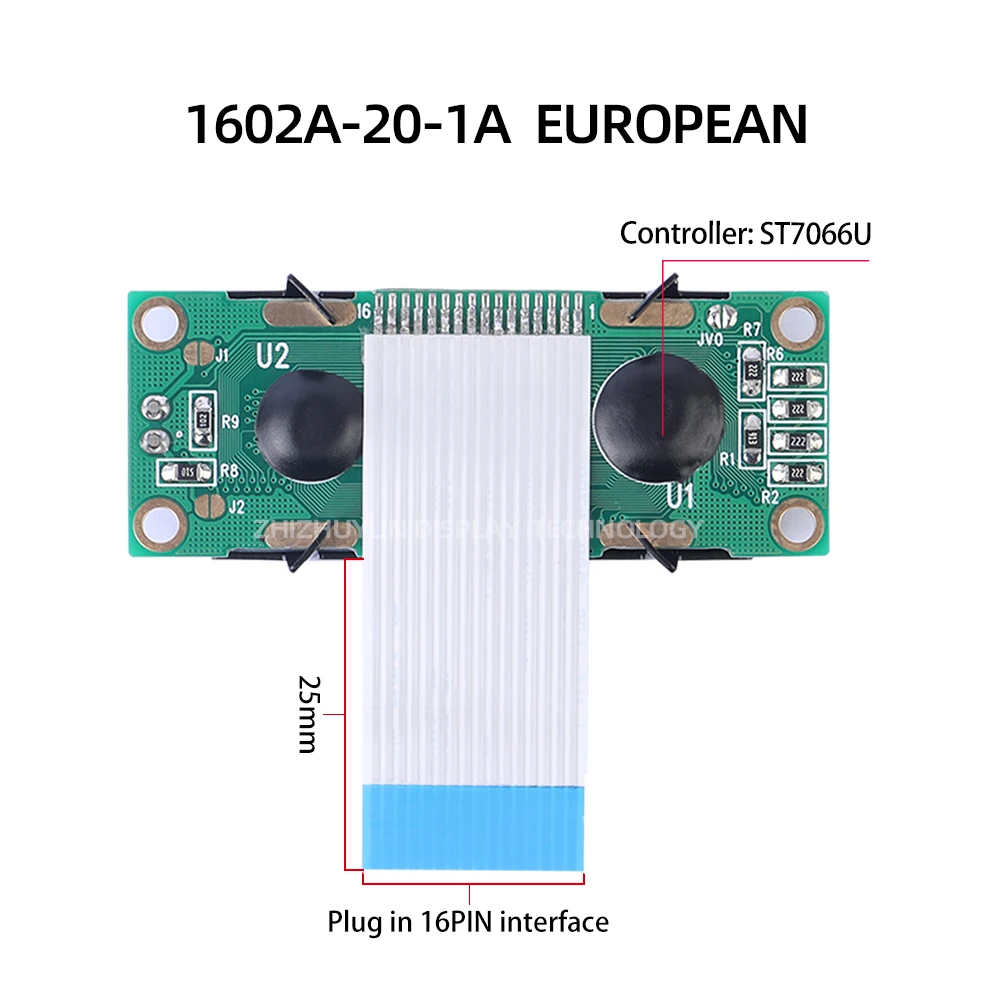 Módulo LCD de caracteres europeos, 1602A-20-1A, FPC25MM, BTN, película negra, pantalla LCD, 53x20mm