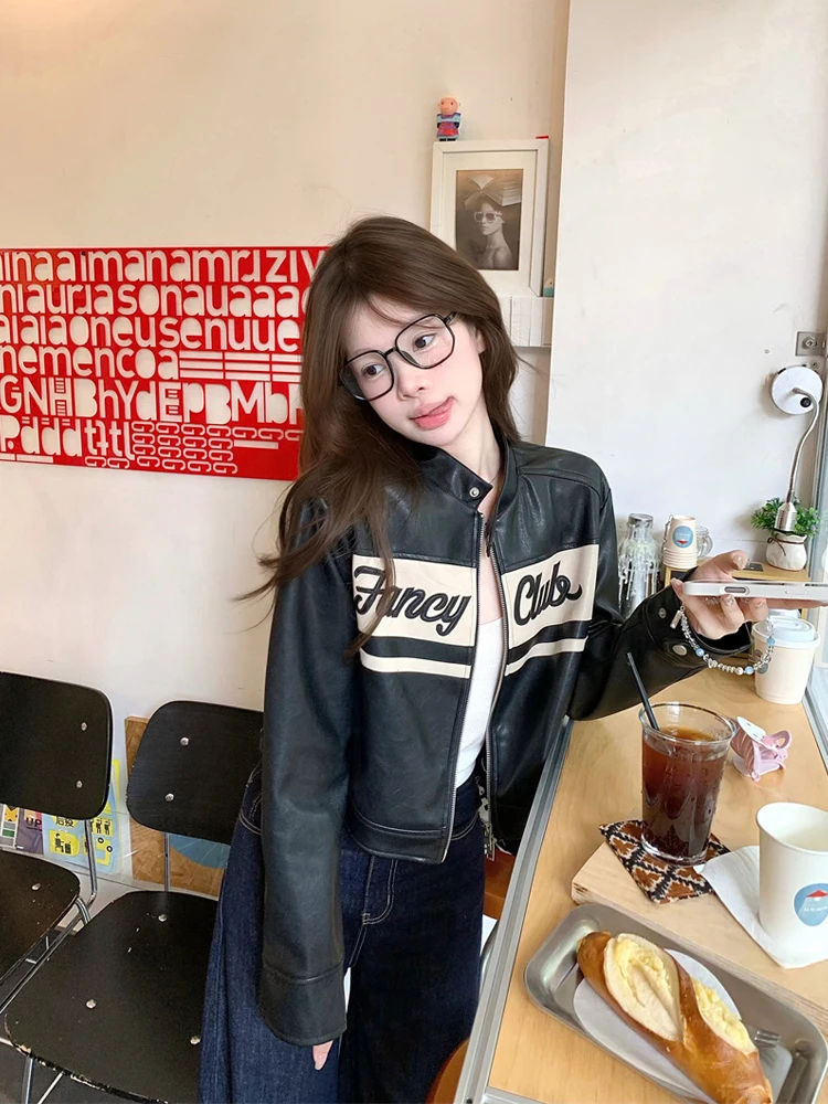 

Retro Sle Women's Biker Jaet Spring 2026 Loose Fit Color Blo Long Sve Stand Collar Letter Print Casual Outerwear