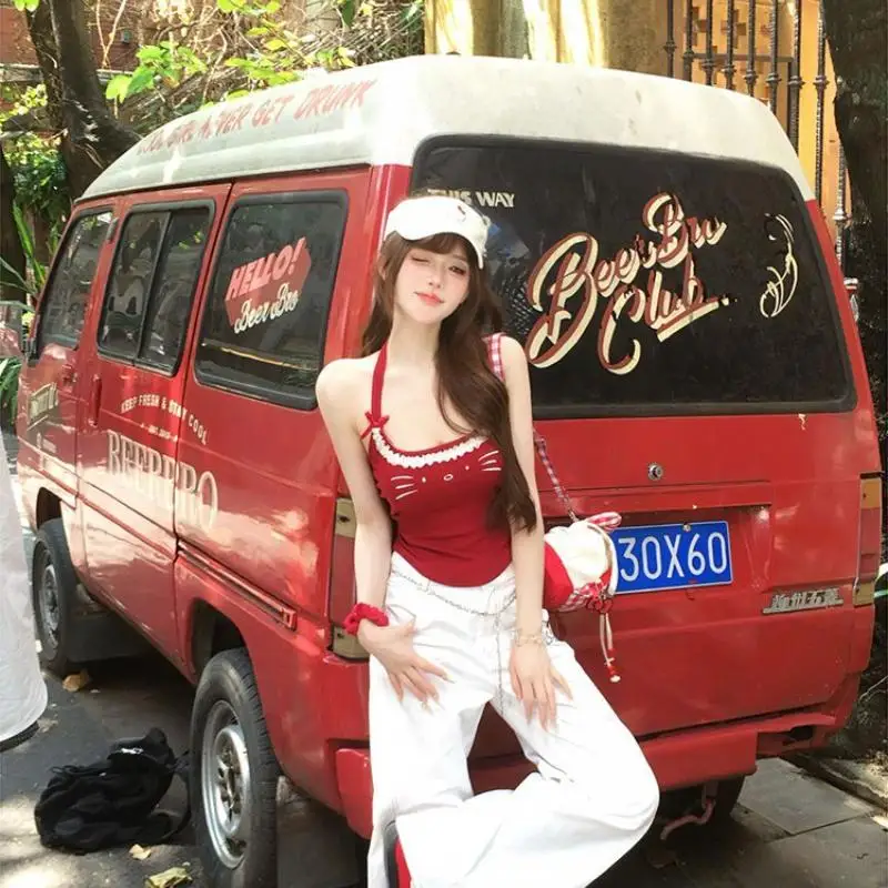 여자 귀여운 카와이 탱크탑 키티 Y2K 레이스 리본 캐주얼 스트랩 베스트 여성 의류 캐미솔 슬림 반팔 일본 스타일 핫