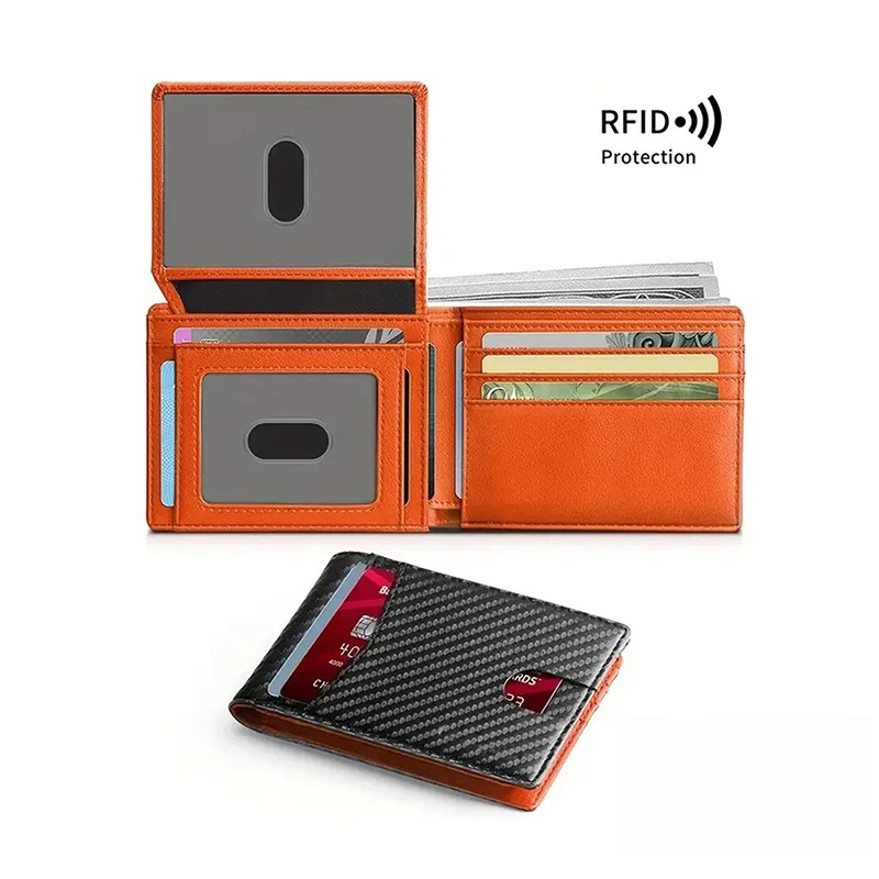 Men's lightweight wallet, 14-slot RFID carbon fiber pattern wallet, large-capacity two-fold contrasting color wallet