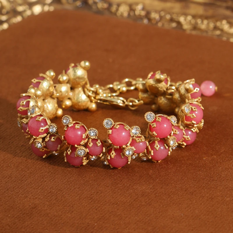 

Vintage Pink Butterfly Flower Beaded Bracelet Antique Gold Color Stone Jewelry Luxury For Girls 2026 New Trends Festival Gift