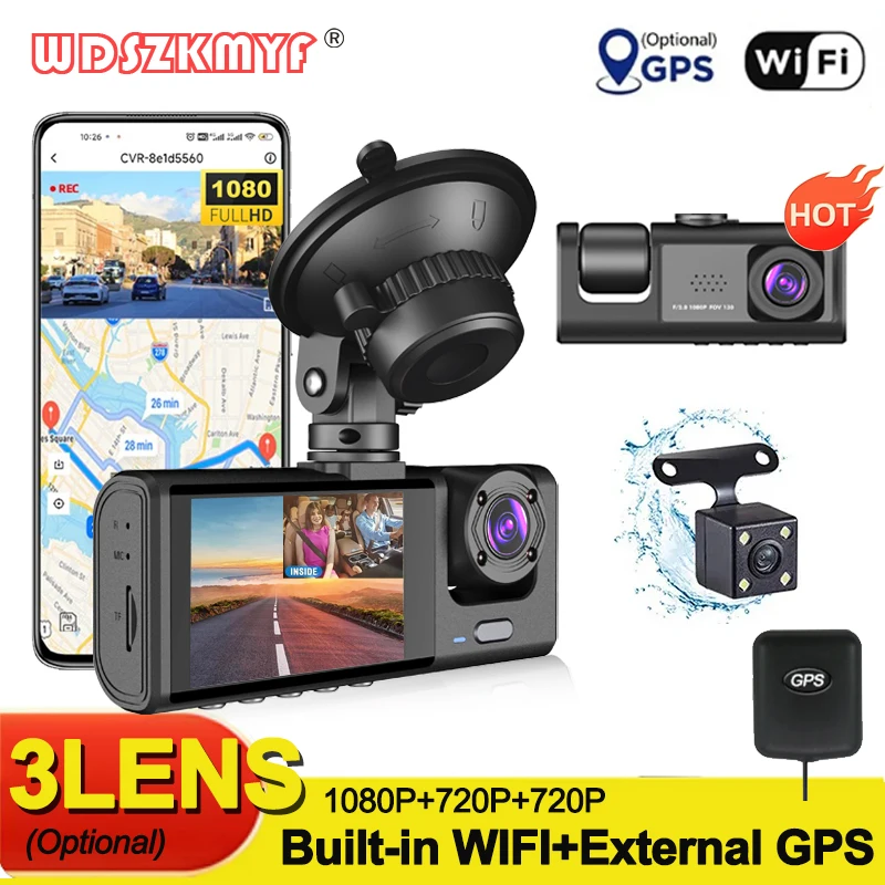 3 Channel Dash Cam for Car WIFI APP GPS Front and Rear Camera 1080P Video Recorder Dashcam Black Box Car DVR Rear View Camera