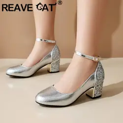 REAVE CAT Women Strap Pumps Shoes paillettes Glitter strass Buckle Block Heel Party Gold 32 33 43 Chaussure