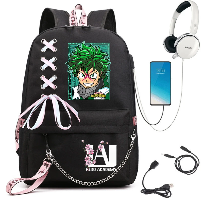 My Hero Academia Anime Print Student Backpack with Webbing Straps Girls School Bag Lightweight Casual Daypack