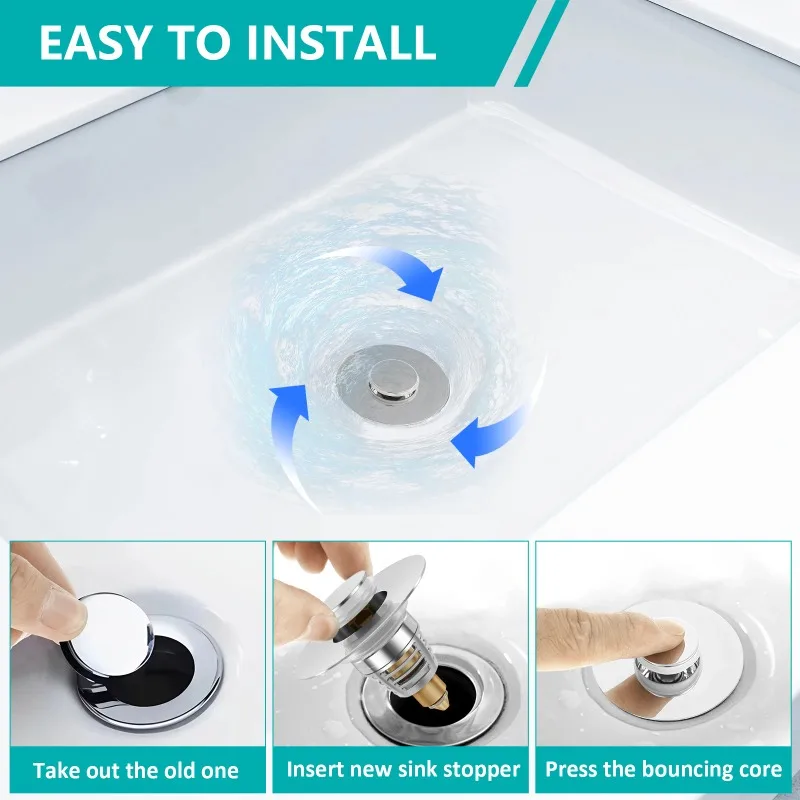 Sink Plug Universal Bathroom Sink Plug with Strainer Pop Up Sink Hole Plug Cover Stainless Steel Push Sink Plug