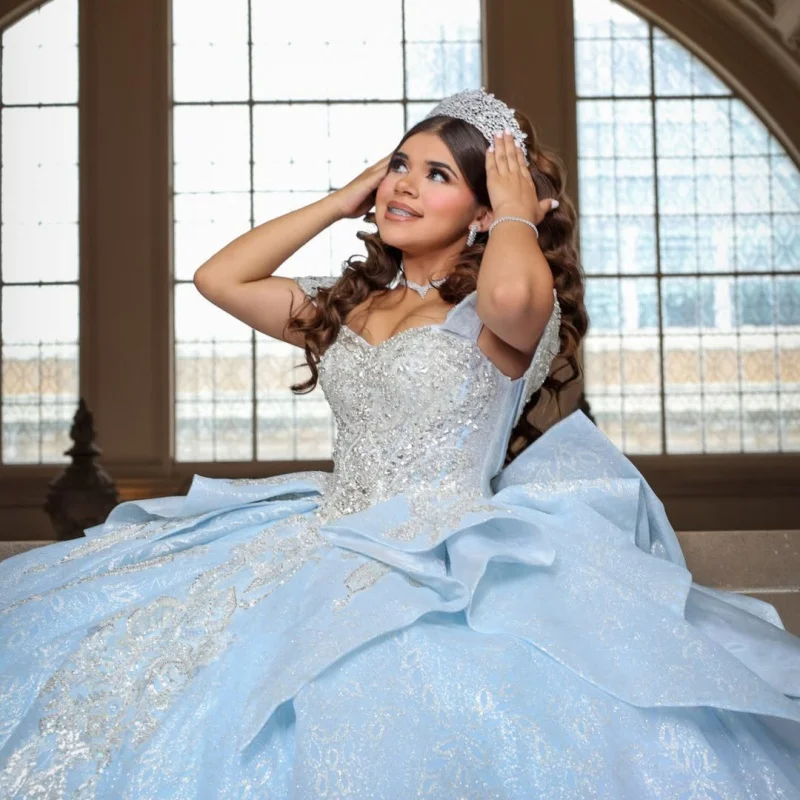 Light Blue Quinceanera Dress Glitter Crystal Decal Long tail off-shoulder Layering Bow Vestidos De 15 Quinceanera Customize